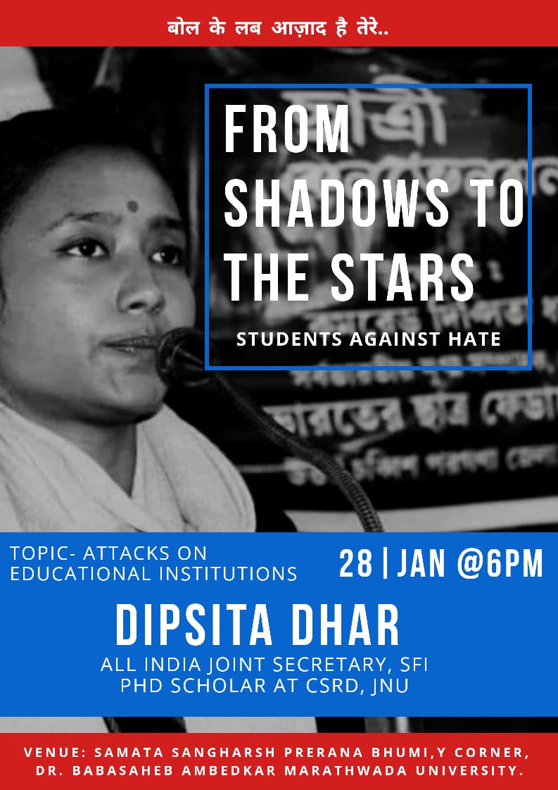 khandare_ravi's tweet photo. #FromShadowsToTheStars
#StudentsAgainstHate
#Com @DharDipsita @ Dr.Babasaheb Ambedkar Marathwada University Aurangabad.
@IBeing29296 @MayukhDuke @sfimaharashtra @CpimSatyam @WavhaleNitin https://t.co/IqHVF9nVi9