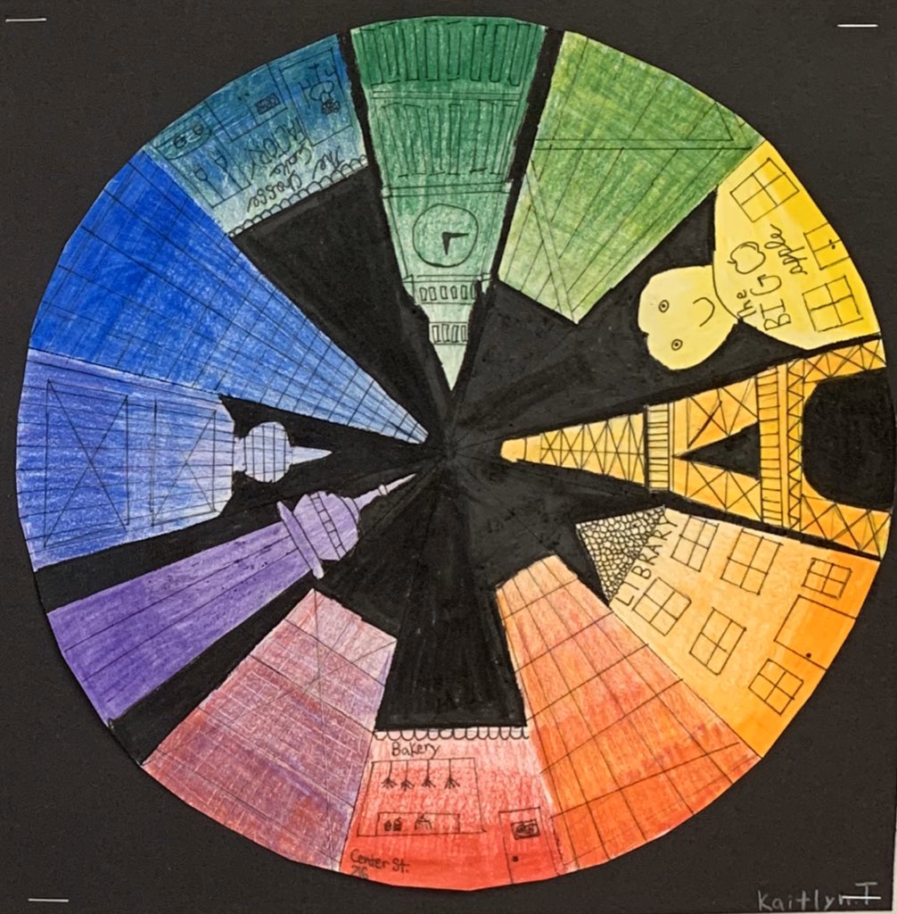 MrsJPineda's tweet image. L👀king at colour, line, value, and perspective. City Colour Wheels are completed and up in the classroom. Great job grade 7s! #ElementsofDesign @HST_YCDSB