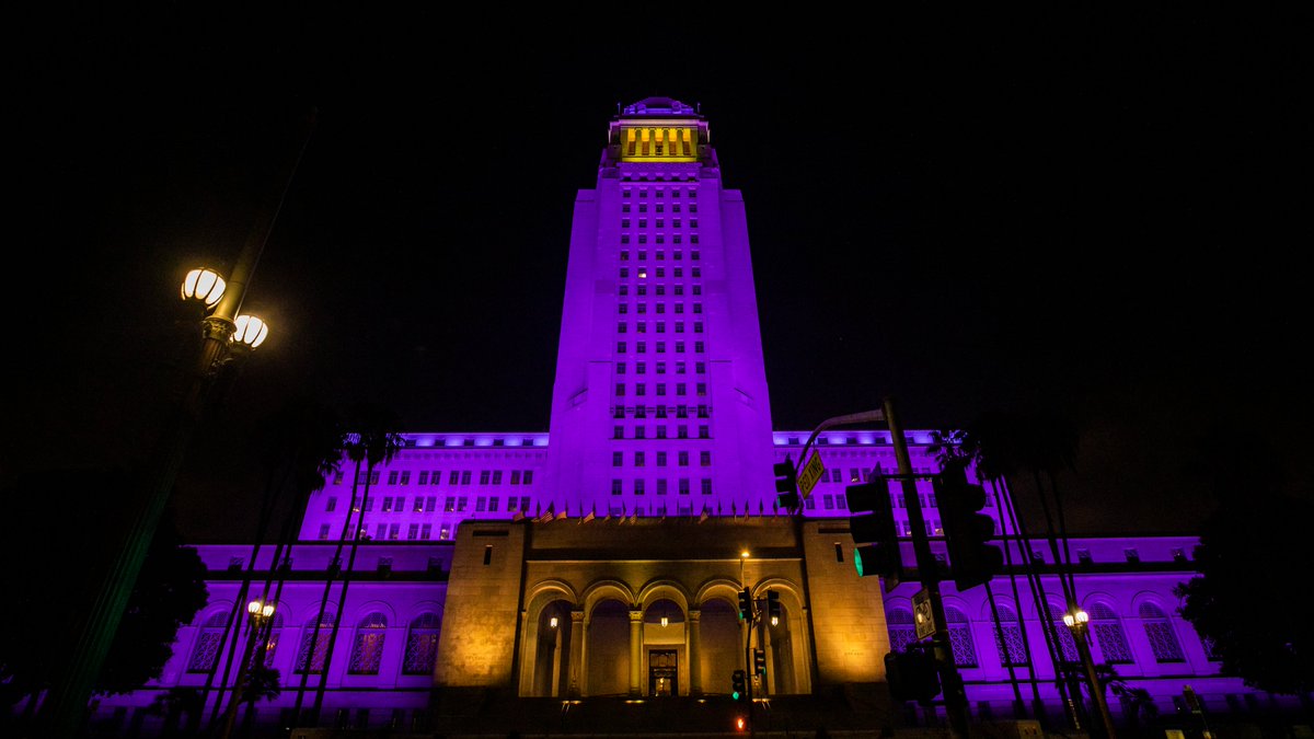 City Hall lit purple and gold for Kobe Bryant