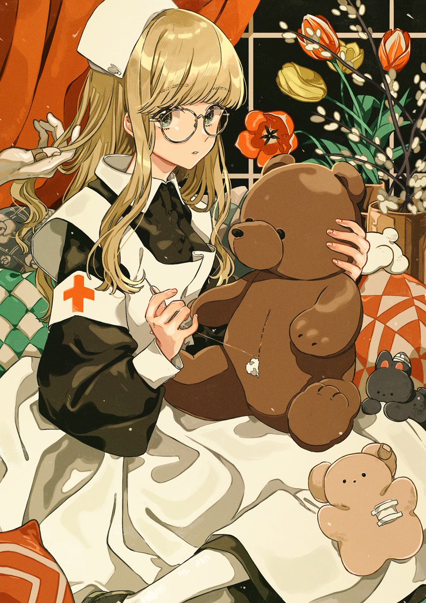 1girl teddy bear stuffed toy stuffed animal flower glasses long hair  illustration images