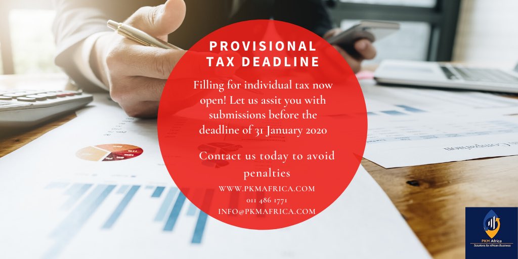 PkmFor's tweet photo. Submissions for individual provisional tax are now open. Let us assist you submit your provisional tax today. Call us on 011 496 1771 or email info@pkmafrica.com. Don’t let yourself down this tax season! #pkmafrica #africanbusiness #finance #vat #provisionaltax #TaxCon2020 https://t.co/Ras2y02zP9