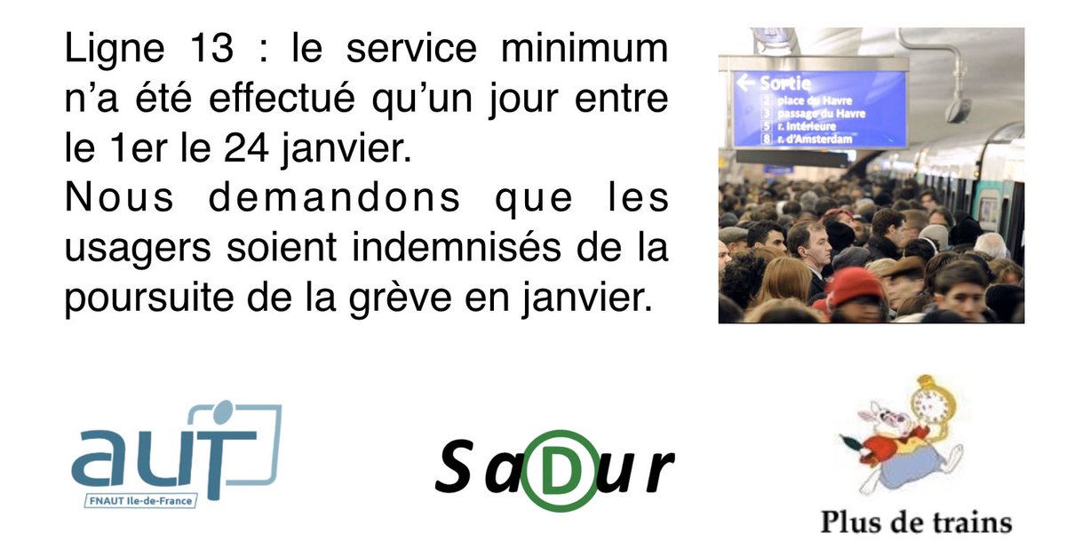 Plusdetrains's tweet photo. Grève RATP
Les usagers de la #ligne13 ont subi un mois de janvier tout aussi compliqué que décembre, avec une ligne soit fermée soit avec un service bien trop réduit, matin, midi et soir.
Avec @Asso_usagersidf @Asso_SaDur nous demandons un remboursement complémentaire en janvier. https://t.co/IgAAWwMk7t