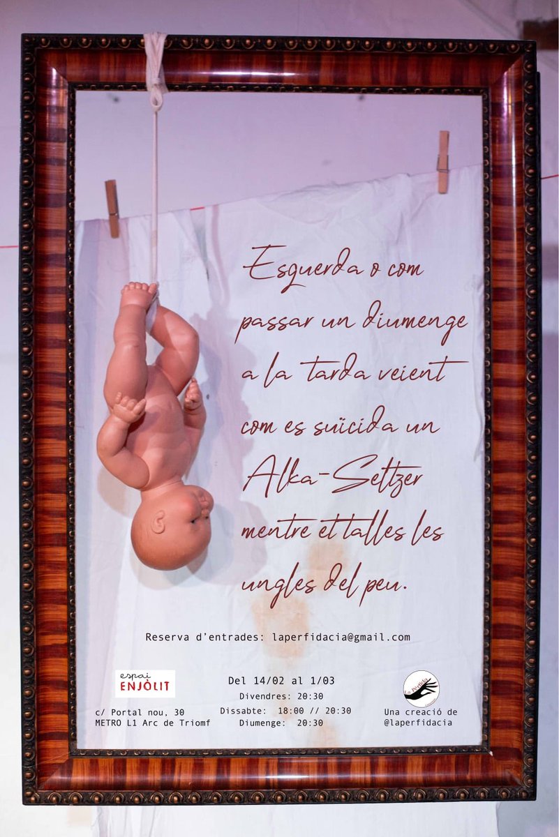 laPerfidaCia's tweet photo. 📢Estrenem la nostra nova creació: "Esquerda o com passar un diumenge a la tarda veient com es suïcida un Alka-Seltzer mentre et talles les ungles del peu"

📅 Del 14 de febrer a l’1 de març

📍Espai Enjòlit (c. Portal nou, 30)

🎟 Reserva entrades a 
laperfidacia@gmail.com https://t.co/5l04bKvfrS