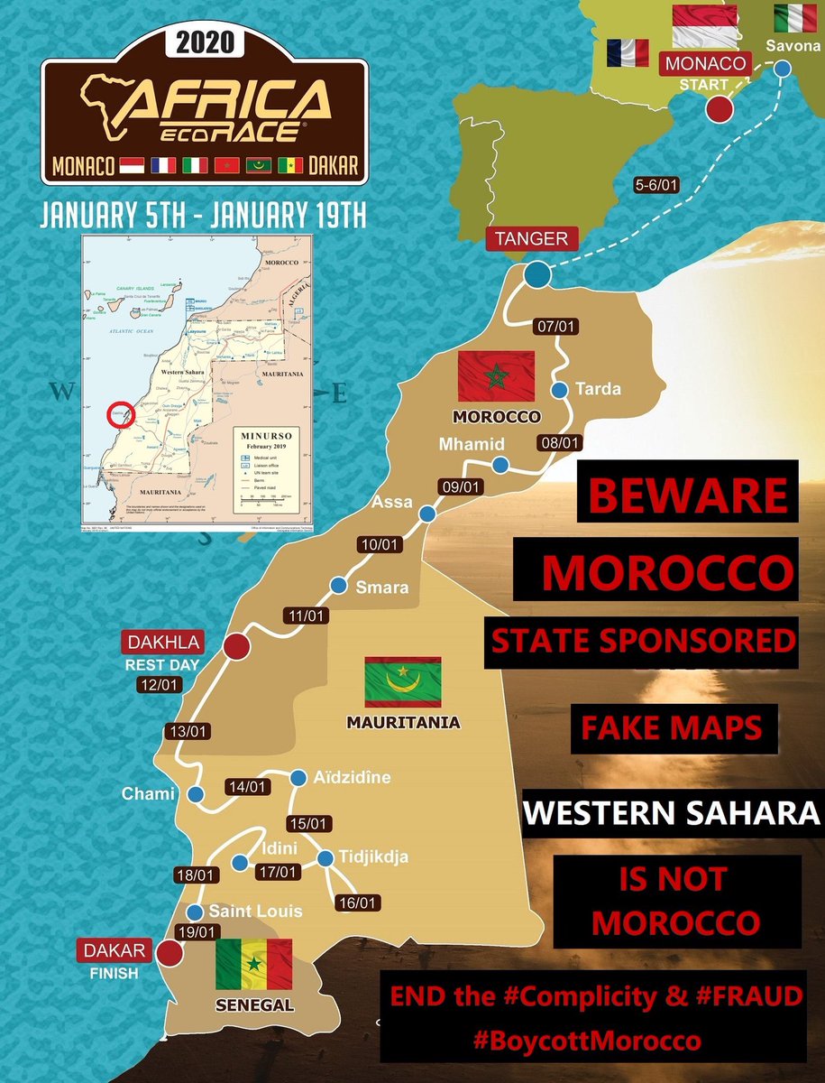 guerra_sahara's tweet photo. @WesternSaharaNZ @fifacom_ar @FIFAcom @UN #SG @antoniguterres called for restraint during transnational #morocco state organized/sponsored #AFRICA ECO RACE in occupied #WesternSahara;now #morocco implicates @FIFAcom &amp; @CAF_Online by falsely advertising matches in #Layounne,#WesternSahara as being in #morocco #UN4ALL? https://t.co/nPWrKSv7ca