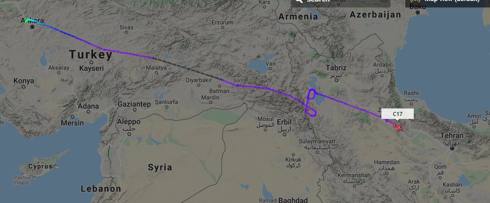5472_nde's tweet photo. Interesting #QATARAF C17A LHOB seroiam MAC departed Ankara, currently heading southeast over #Iran, about 100km from Tehran. Did a couple of orbits north of lake Durkan. 0942z https://t.co/npqt242pjo