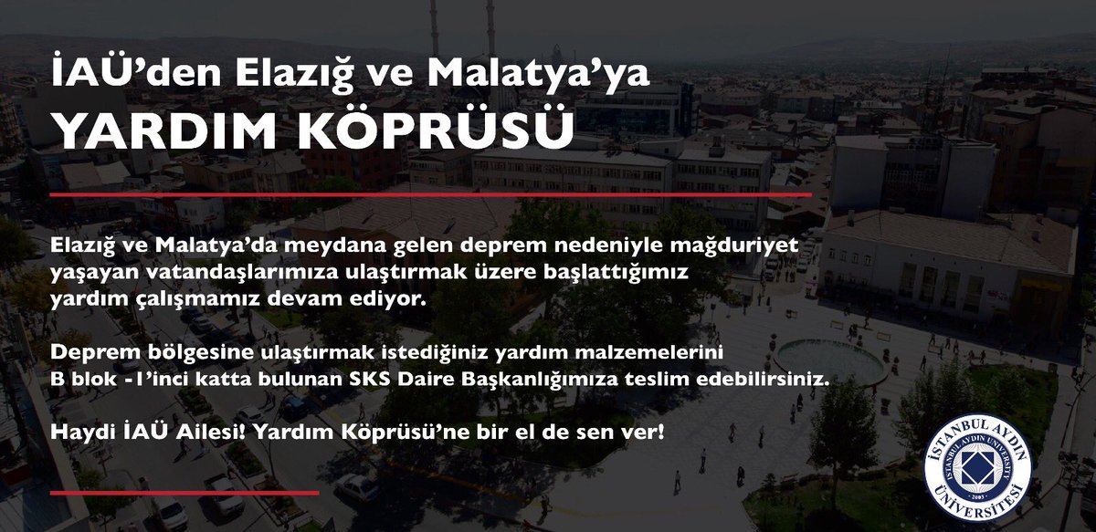İAÜ Ailesi #Elazığ ve #Malatya için güçlerini birleştiriyor... Deprem nedeniyle mağduriyet yaşayan bölge halkına yardım etmek isteyenleri B Blok -1'inci kattaki SKS Daire Başkanlığımıza bekliyoruz.

#SeninleyizElazığ #SeninleyizMalatya 

<a href="/iau_sks/">SKS DAİRE BAŞKANLIĞI</a>
 
#İAÜ #İAUTURQALITY