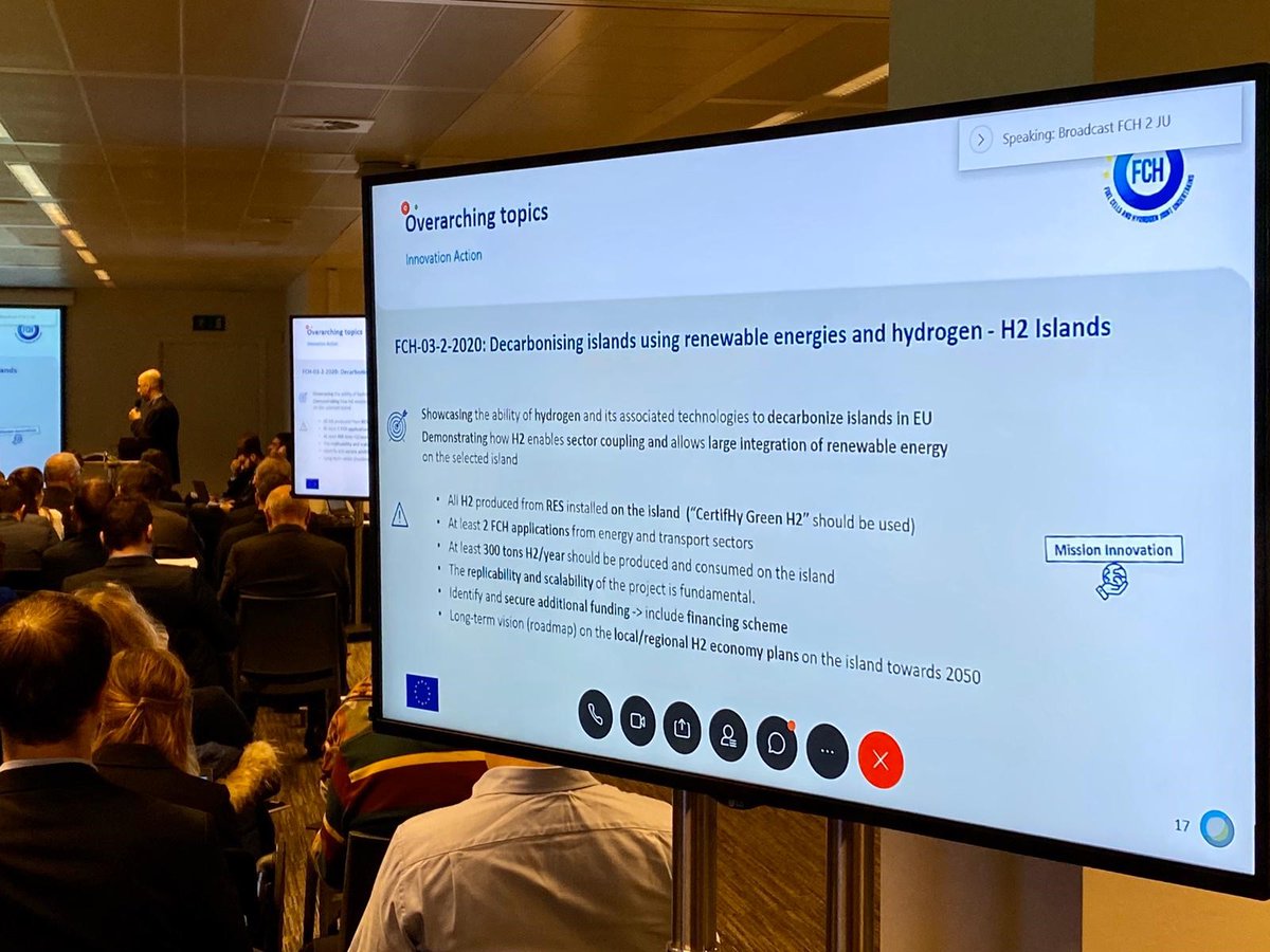 #H2Island🏝️wanted! Up to €10 m. available for projects aiming @ #decarbonisation using renewable energy &amp; #hydrogen; all H2 produced w. RES capacity in the island &amp; consumed in the island; sector coupling, long-term,integrated approach &amp;replicability #FCH_infoday #Call2020