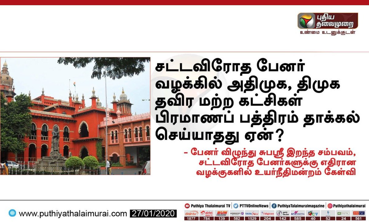 PttvNewsX's tweet photo. சட்டவிரோத பேனர் வழக்கில் அதிமுக, திமுக தவிர மற்ற கட்சிகள் பிரமாணப் பத்திரம் தாக்கல் செய்யாதது ஏன்? 

* பேனர் விழுந்து சுபஸ்ரீ இறந்த சம்பவம், சட்டவிரோத பேனர்களுக்கு எதிரான வழக்குகளில் உயர்நீதிமன்றம் கேள்வி 
| #bannerCase | #HighCourt https://t.co/Yi2KNAs5XB