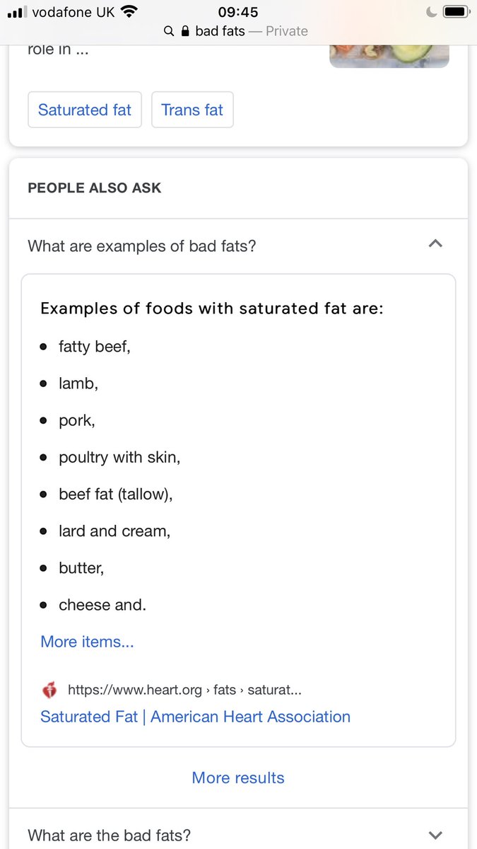Continibites's tweet image. I’m writing about #FAT for a ⁦@SlowFoodEdin⁩ #BigTable event and asked #google for a list of #badfats.  I was expecting a list of #transfats (chemically altered vegetable oils) This is what I got.  NO!!! More info to follow.