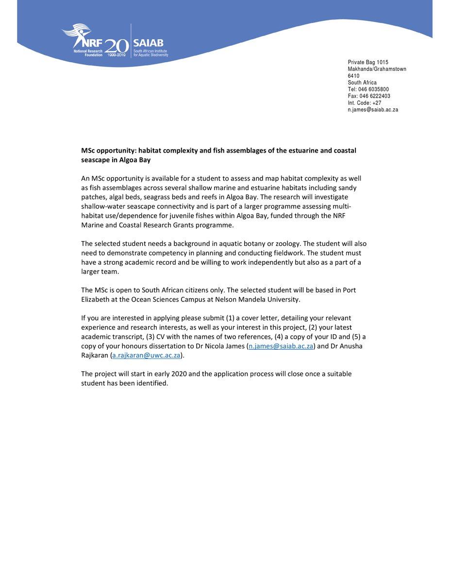 NRF_SAIAB's tweet photo. MSc Opportunity with @SeascapeEcolSA ! Apply today!
#Habitatcomplexity #Fishassemblages #MarineMonday #marinescience 🌊🐟 https://t.co/BIDsYA4Rmx