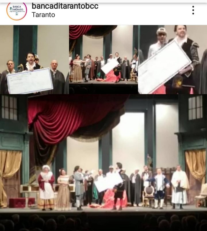 BCC_Taranto's tweet photo. Un mega assegno della Banca di Taranto sul palcoscenico del #Fusco nel  barbiere di Siviglia del #Taranto #opera #festival. Divertentissimo gioco di scena prima del sipario finale tra #Figaro e il Conte. https://t.co/Clxk4v76XT