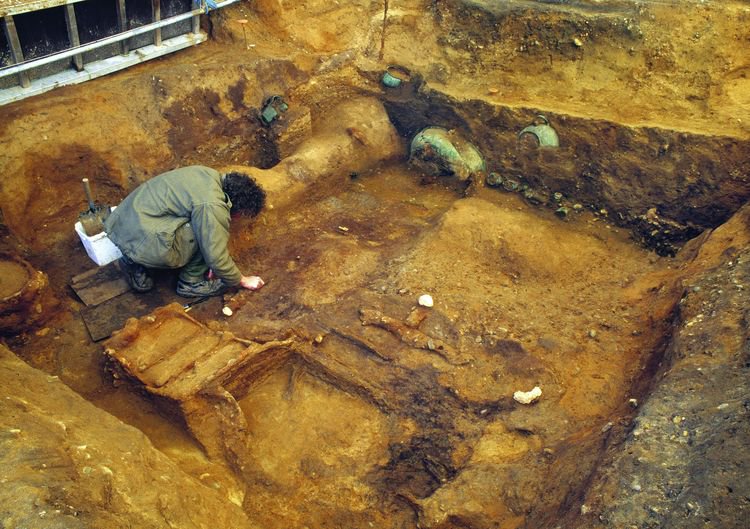 The burial chamber viewed from the south-west, showing grave goods in place.