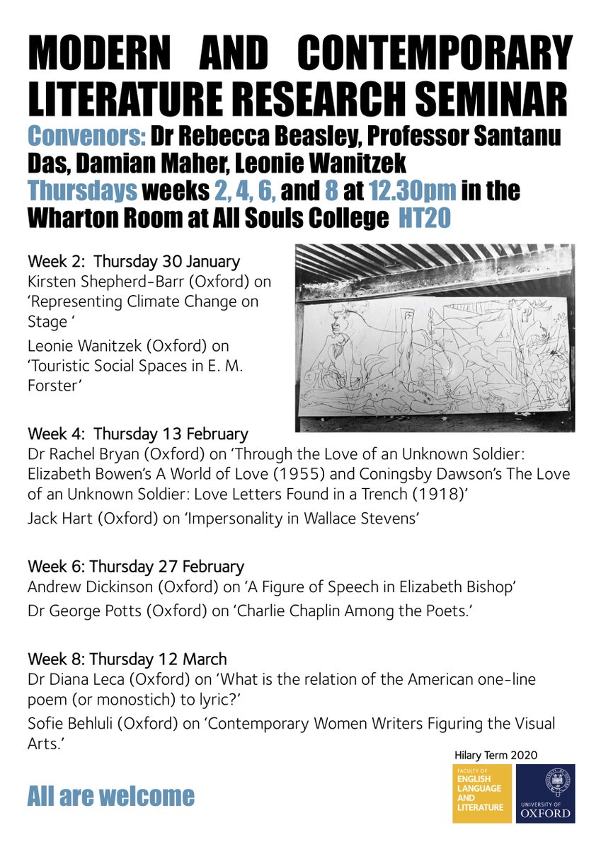 OxModCon's tweet image. Our Hilary Term Card is here! Featuring: Climate Change on Stage, Charlie Chaplin and Elizabeth Bishop, Forster and Tourism, Love in the Trenches, and much more!  Join us for an incredible series of workshops with a great sandwich lunch at each. All are welcome.