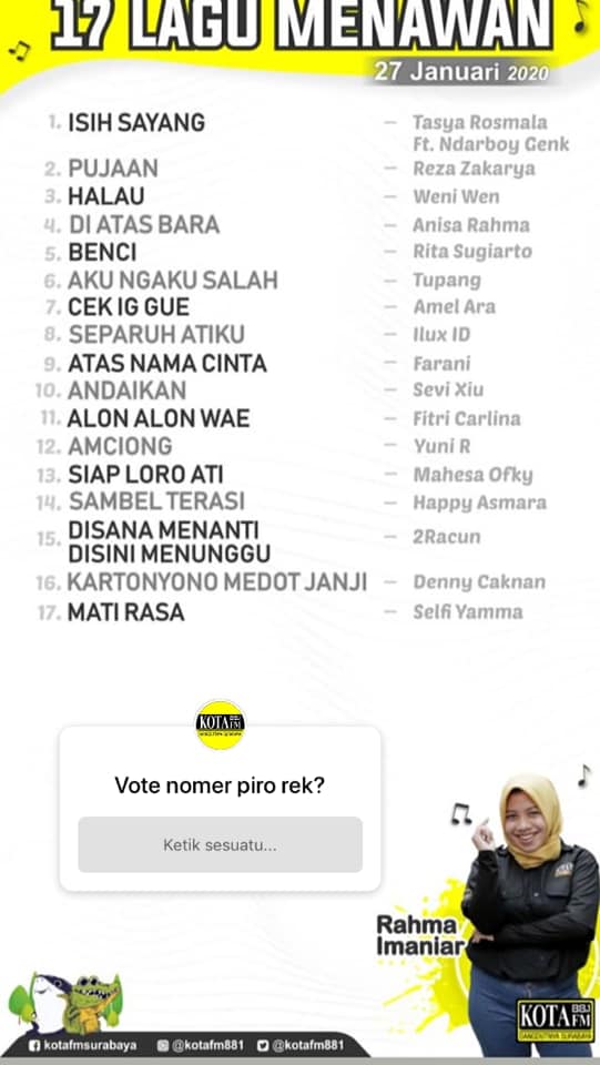 #TUGUPAHLAWAN #17lagupalingmenawan bareng <a href="/arinarahmaniar/">Arina Rahmaniar</a> &amp; #Nora sampai jam 7 malam.
Pilih lagu seng endi sobat kota?