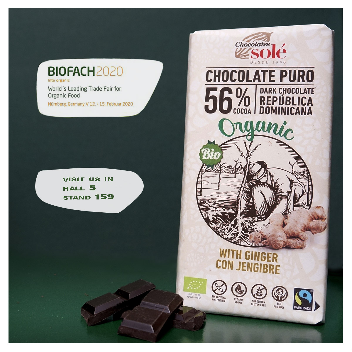 chocolatessole's tweet photo. BIOFACH2020 World's Leading Trade Fair for Organic Food. One more year, Chocolates Solé will be exhibiting at @BioFachVivaness #organic #chocolate #blackchocolate #ginger #biofach2020 https://t.co/jxW2oOm4Lj
