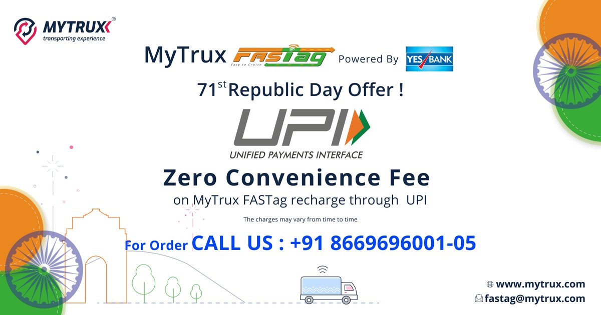 My_trux's tweet photo. 71st Republic Day #fastag offer
Zero Convenience Fee
on Mytrux FASTag Recharge through UPI
Charges may vary from time to time...
For Order Call us Now: 8669696001-05
#fastag #republicday #offer #UPI #debitcard #yesbank #freefastag #mytrux #transportingexperience https://t.co/atzywQ9CpK