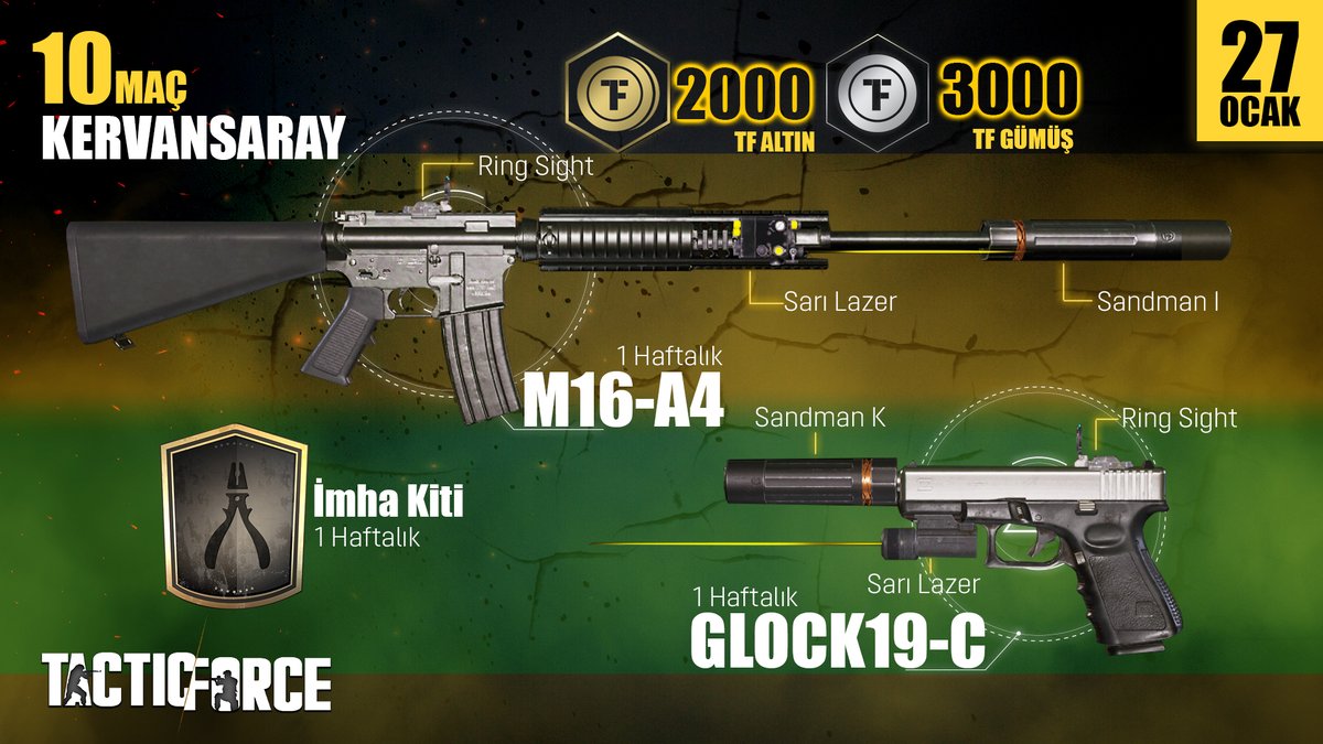 tacticforcegame's tweet photo. Yarıyıl tatili hediyeleri devam ediyor! Hemen Kervansaray haritasında 10 maç atın, hediyeleri kazanın! 

1 Haftalık Full + Full M16-A4 Taarruz Tüfeği
1 Haftalık Full + Full Glock19-C
1 Haftalık İmha Kiti
2.000 TFA
3.000 TFG

Tactic Force: Ücretsiz Oyna, Bileğinle Kazan! https://t.co/Hyvuv0B0Ui