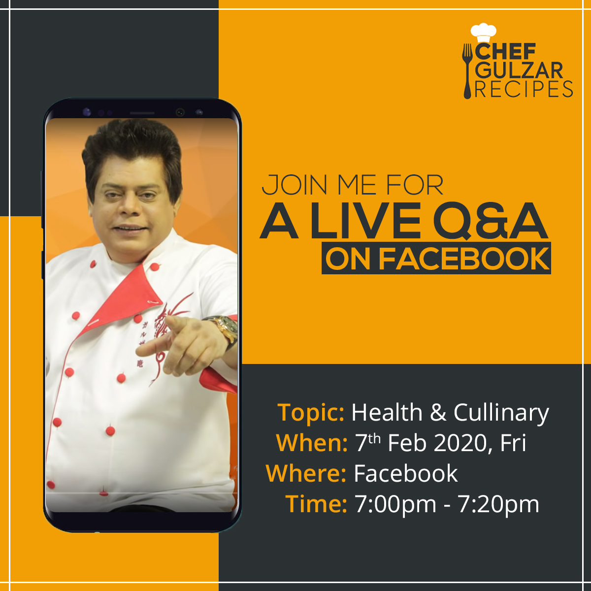 We have rescheduled the date.
Stay put and tuned.

Join me LIVE on Facebook
Date: February 7th, 2020
Topic: Healthy tips &amp; Culinary Tips
Time: 7:00pm - 7:20pm

Facebook: facebook.com/chefgulzaroffi…

#ChefGulzar #Live #Healthytips #Recipe #Tips #Tricks #Ideas
