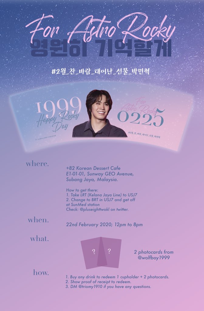 mymilkyway1910's tweet photo. 🎉 22nd HAPPY ROCKY DAY in MY🐺

🗓 22/2/2020
🗺 +82 Sunway Geo
🕒 12pm - 8pm
🔥 by @wolfboy1999
💜 special thanks to @sunnylovelife @alwaysminhyuk25

BLUE FLAME GA:
1 Book
1 Story

✅RT + follow
✅Must be present in the event

#2월_찬_바람_태어난_선물_박민혁 
#HAPPY_ROCKY_DAY https://t.co/sqD37KIHST