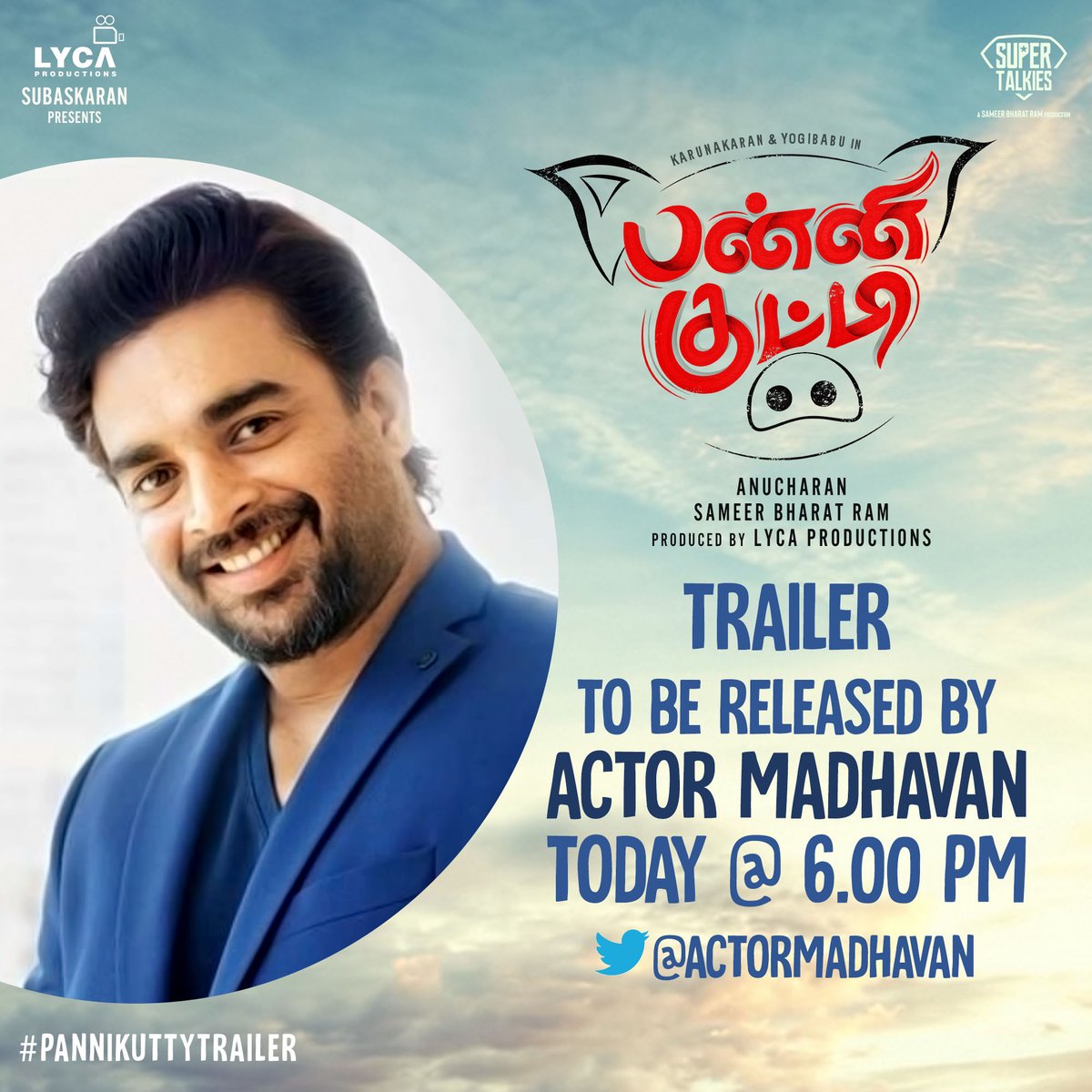Happy to announce <a href="/ActorMadhavan/">Ranganathan Madhavan</a> 😍 will be releasing the trailer ▶️ of PANNI KUTTY 🐷 today at 6 PM 😌

starring <a href="/iYogiBabu/">Yogi Babu</a> &amp; #Karunakaran 😎
Directed by #Anucharan 🎬 of #Kirumi fame 📽️
Music by @K_RiverRecords
<a href="/supertalkies/">Supertalkies</a> <a href="/sameerbr/">sameer Bharat ram</a>