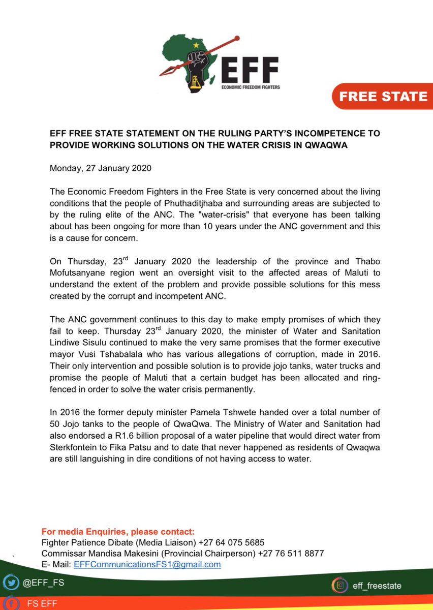 EFF_FreeState's tweet photo. EFF Free State statement on the ruling party’s incompetence to provide working solutions on the water crises in QwaQwa. https://t.co/NVza7mjPfo