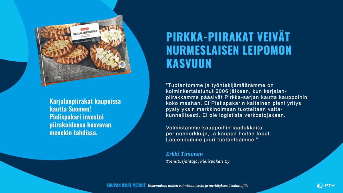 PTYfi's tweet photo. Case 6: Nurmeslainen #Pielispakari on triplannut henkilöstönsä ja liikevaihtonsa saatuaan Vuoden Tähtituotteeksikin valitun karjalanpiirakkansa maanlaajuiseen myyntiin. Ponnahduslaudan tarjosi #Pirkka. @kryhma #karjalanpiirakka #omatmerkit #kauppa #kasvu https://t.co/1VeUHHo8zJ