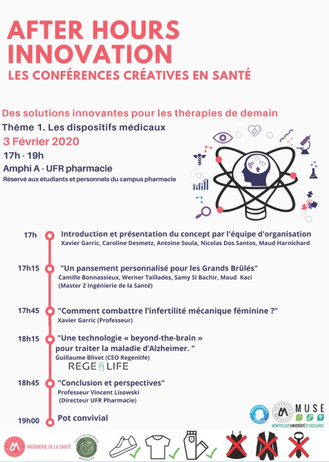 📢Save the date ‼️ 
Etudiants et personnels de la Faculté, venez participer à la 1ère session des #AfterHoursInnovation le 3/02 à 17h en Amphi A. 
3 présentations autour de l'innovation en Santé👩‍🎓👨‍🔬👨‍💼
👇 Consultez le programme 👇