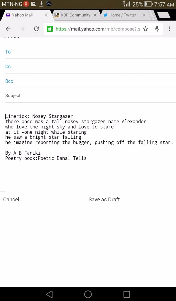 ab_faniki's tweet photo. #Limerick #amwriting #Star #poetry #Poetry_Planet #poetrycommunity #poems #Twitterpoetry #stargazer #nosey #readingcommuinty #star #PoeticBanalTells #humour #funny #writingcommunity
Am sharing some part oif my poems from Poetic Banal Tells with you guys, pick a copy at Amazon. https://t.co/xJ8XiBfrvn