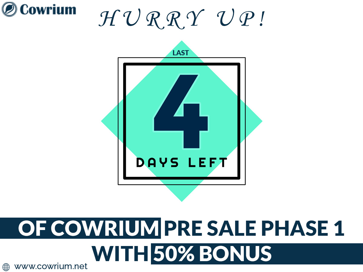 cowrium's tweet photo. Hurry up! Last 4 Days Left of #Cowrium #Pre Sale Phase 1 With 50% Bonus
Read More: https://t.co/wKZtVNiU8N
#cryptonews #cryptocurrrency #preicosale #Sale #besticoprojects #ico #icosale #salelive #tokensale #token #investor https://t.co/l25p25e3cm