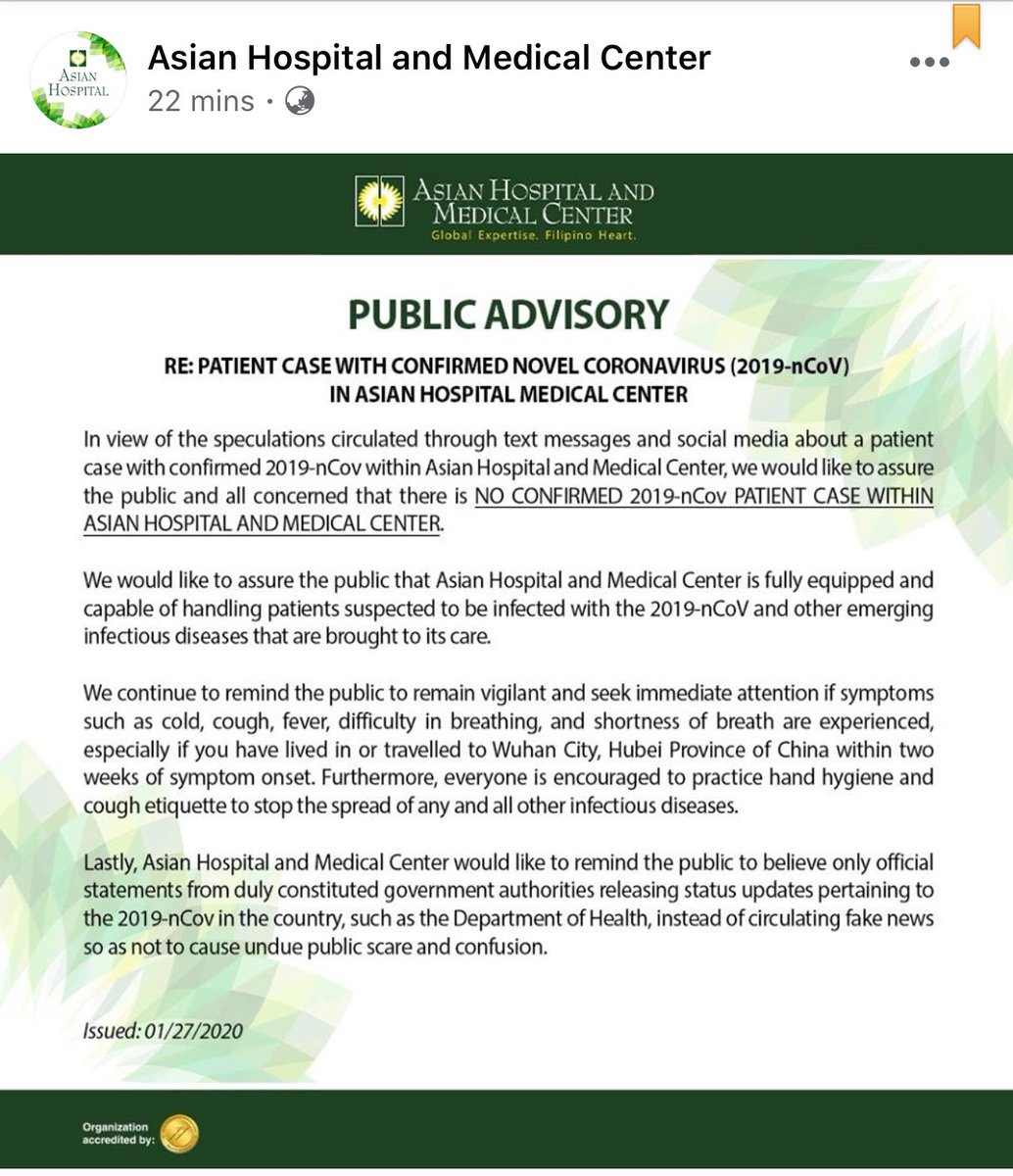 LOOK: Asian Hospital and Medical Center releases statement on the 2019-nCov Health Event