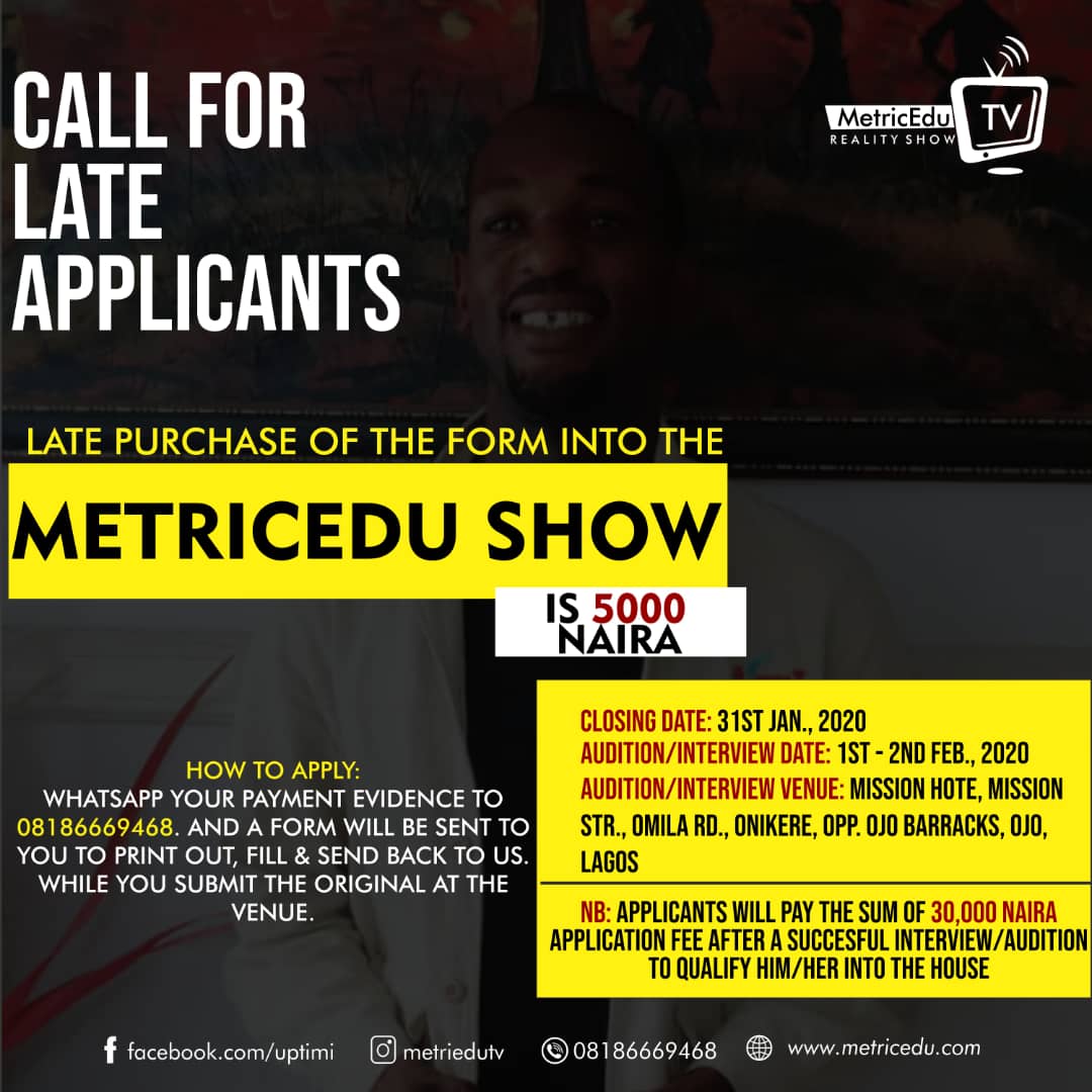 MetriceduTV's tweet photo. We're calling for applicants into the MetricEdu TV reality show. If you're bold, confident, and want to win some millions, just leave a comment below. #REALITY #tvshow #Burna #BBNaija https://t.co/CXhBuQI0PB