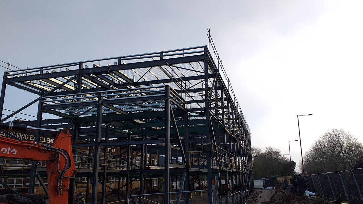 We've completed the steel frame <a href="/ColmersSchool/">Colmers School and Sixth Form College</a>  and have been busy installing netting and edge protection to make it safe for people to work on the upper levels.  <a href="/NSDecking/">Northern Steel Decking Ltd</a> have started the 1st Floor deck today. <a href="/interserve/">Interserve</a> #interserve