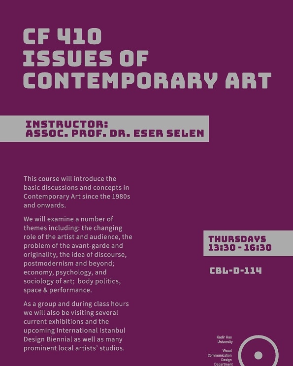 Elective course by Eser Selen for Spring 2020 term <a href="/khasgrid/">Grid</a> <a href="/khasedutr/">Kadir Has Üniversitesi</a> <a href="/Khasiletisim/">KHas İletişim Fakültesi</a> <a href="/eserselen/">eser selen</a> #vcd #contemporaryart #görseliletişim #artanddesign