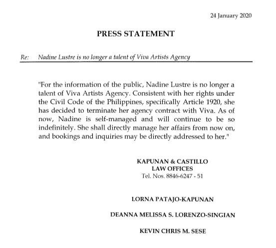 JaDineNATION's tweet photo. Nadine Lustre leaves Viva Artists Agency and will be "self-managed" indefinitely, a law office announces through a press statement. 

©️ ABSCBN News

You have the fandom’s full support, #NadineLustre ! We got you! 👊 https://t.co/OpWxfgzCKr
