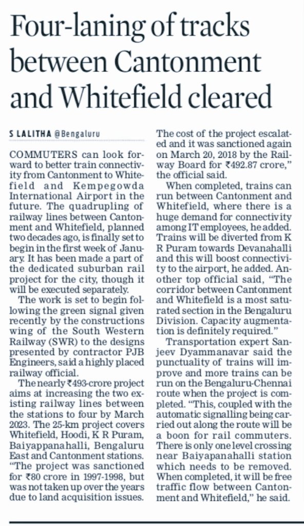 kar_rail's tweet photo. @SWRRLY @drmsbc When does quadrapling work will be started between Bangalore Cantonment & Whitefield?
As per article by Jan 1st week work was set to be started but on ground No improvement
(This article was published on 23 December 2019)
#Bengaluru #SubUrbanProject https://t.co/z5GRYqT7Gv