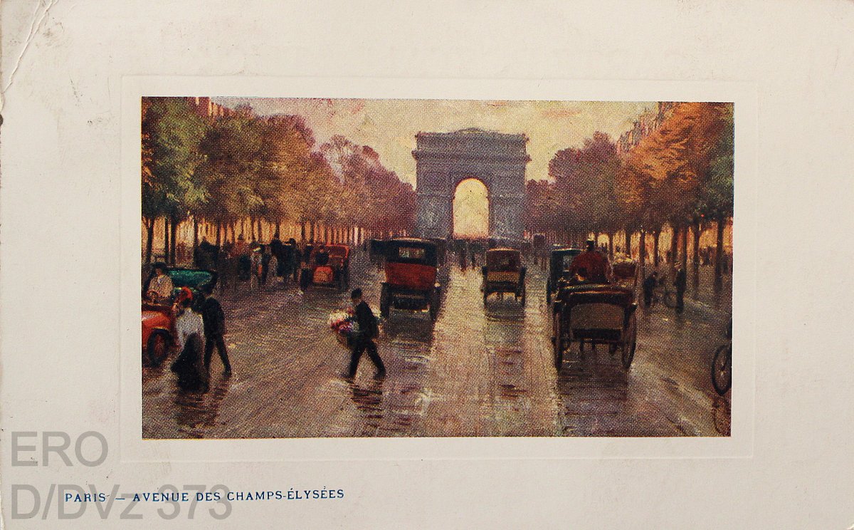 Postcard with painting of Paris. Arc de Triomphe, trees, horse drawn carriages and people.