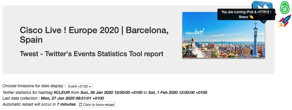 Twest_io's tweet photo. Breaking news !

Don't forget that statistics from #Twest_io about Cisco Live ! Europe #CLEUR #CLEUR20 #CLEUR2020 by @CiscoLiveEurope @Cisco @CiscoDevNet @CiscoEMEAR
have started yesterday and will be run until next saturday 12h. https://t.co/6Yen2bcvE0