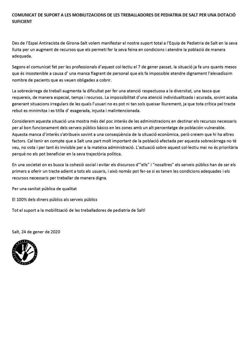 EAntiracista's tweet photo. Comunicat de suport de l'Espai Antiracista a l'equip de @APediatria  del CAP de #Salt en lluita per una dotació suficient de recursos i personal. Tota la força companys/es! https://t.co/zusRZYrcht