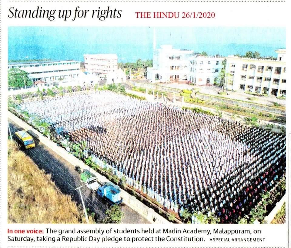 MadinAcademy's tweet photo. The Grand Assembly of students held at Ma'din Academy, Edupark Campus, Malappuram taking a Republic Day pledge to protect the constitution. 26th January is the Republic Day of India. https://t.co/bAfUDAPN5c