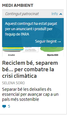 Una "noticia" titulada "Reciclem bé, separem bé… per combatre la crisi climàtica" amb una petita informació que diu que ha estat pagada per "un anunciant".