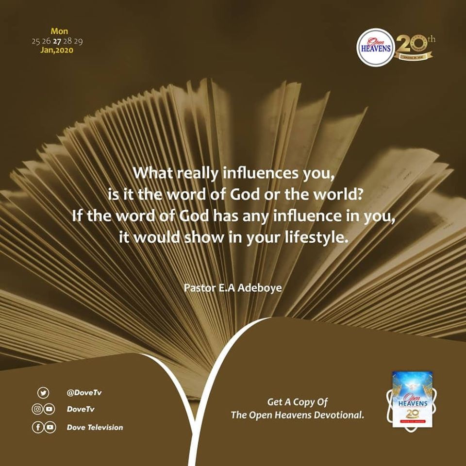 dovetv's tweet photo. How often do you read your Bible? If you don't read your Bible at least in the morning and evening, it is likely that you are already being influenced by the world. You will not be found of the world when Christ comes.

@PastorEAAdeboye 
#OpenHeavensDailyDevotional2020 https://t.co/wGtTisolG2