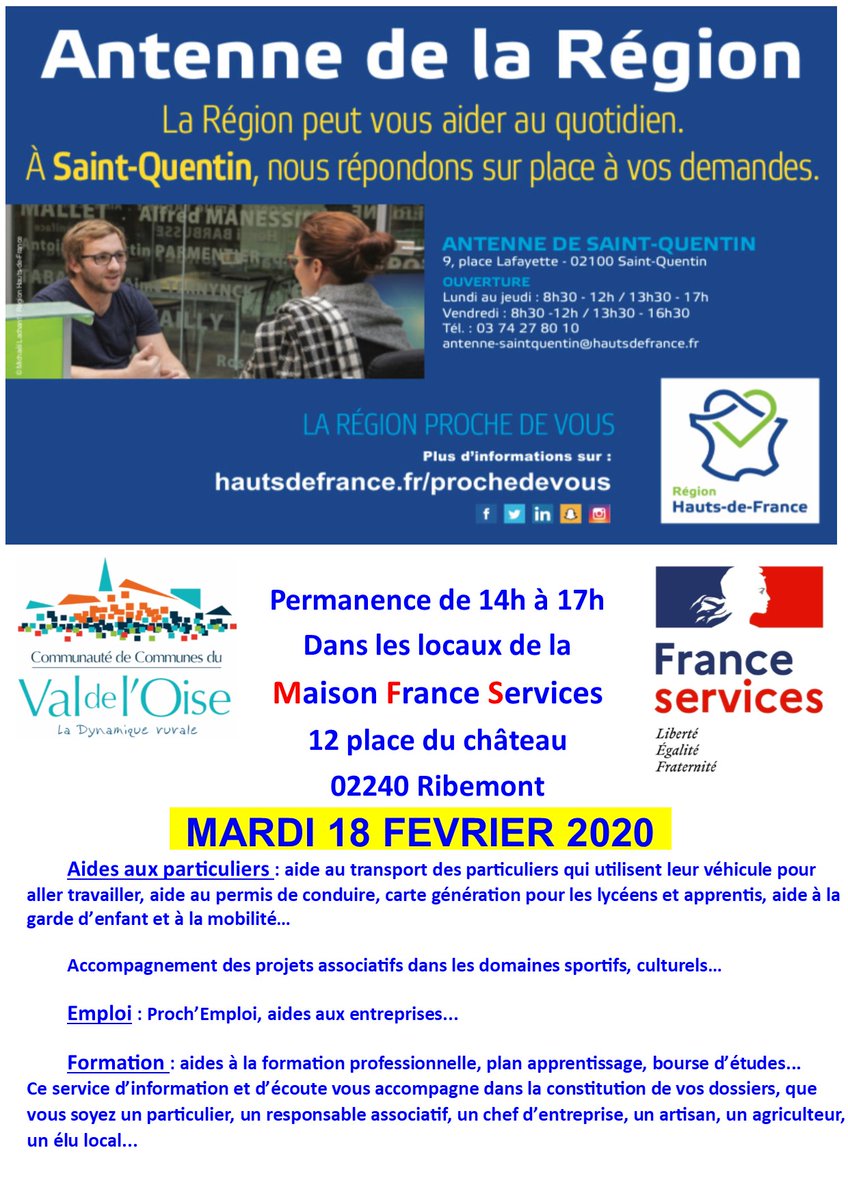 Permanence de la Région #hautsdefrance  dans les locaux de la Maison #Franceservices #CCVO #ribemont. Aide au transport des particuliers pour aller travailler, aide au permis de conduire, carte génération pour les lycéens et apprentis, aide à la garde d’enfant et à la mobilité…