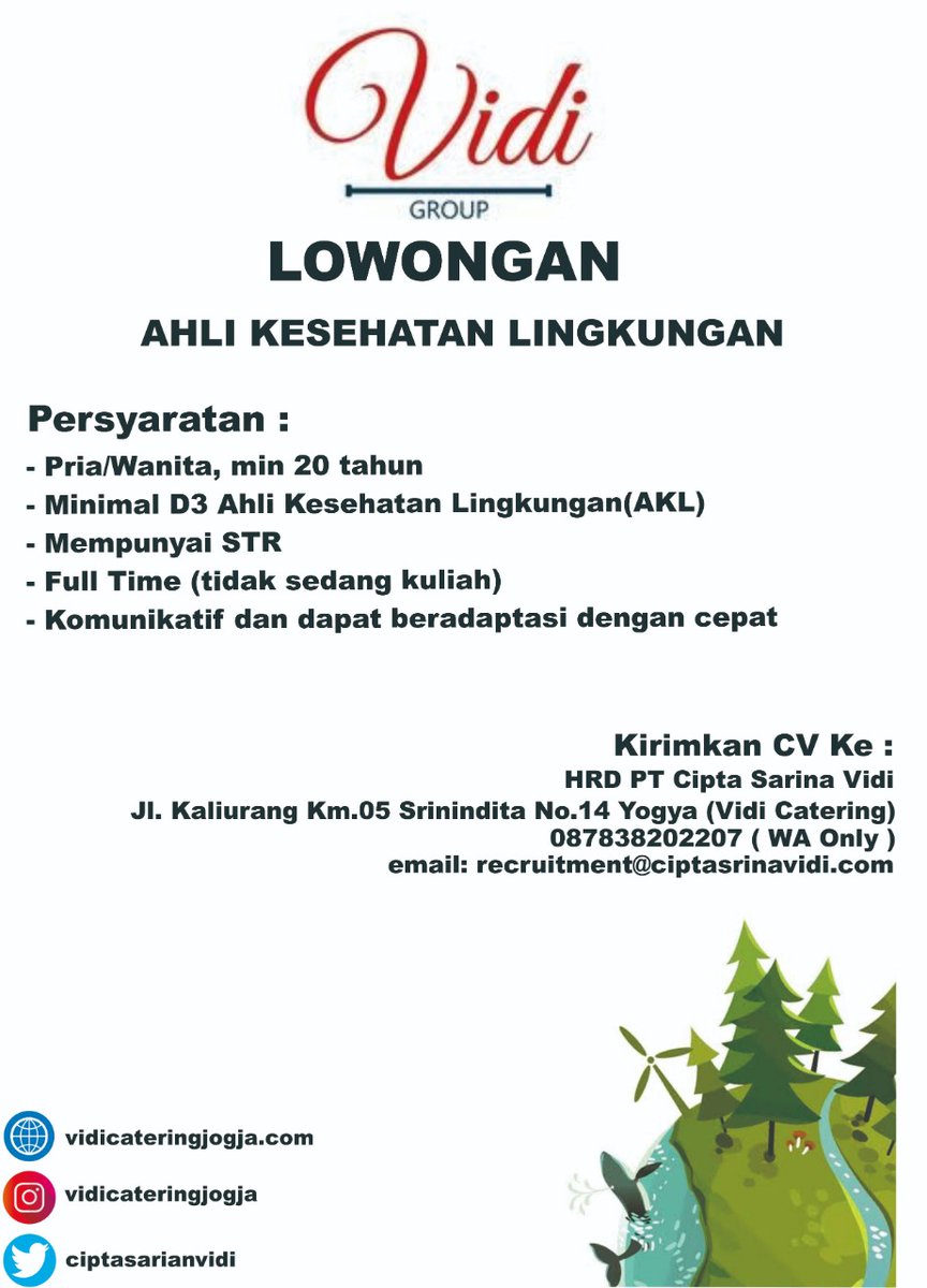 AHLI KESEHATAN LINGKUNGAN | Co/Ce min 20thn | min D3 | STR | tdk studi | recruitment@ciptasarinavidi.com | WA: 087838202207 #jogja #lowker