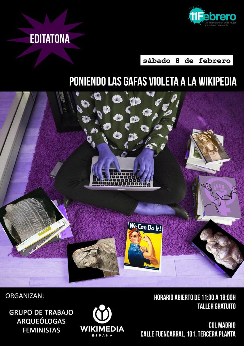 wikimedia_es's tweet photo. ¡Ven a nuestro primer encuentro de edición en @eswikipedia del año!

El 8 de febrero celebramos "Poniendo las gafas violetas a Wikipedia" junto @ArqueoFeminist. 
Será de 11 a 18h y editaremos sobre arqueólogas que aún no tienen artículo en Wikipedia.

https://t.co/4NJBRRTzuj https://t.co/jM9Wj6iYPN