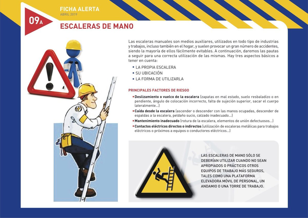 IAPRL_AST's tweet image. Las escaleras de mano son una fuente recurrente de accidentes. Medidas para evitarlos:
1️⃣ No utilices la escalera para trabajos de larga duración.
2️⃣ Usa un calzado que te sujete bien los pies.
3️⃣ Sube, baja y trabaja de frente a la escalera.
Más:buff.ly/379RsxX