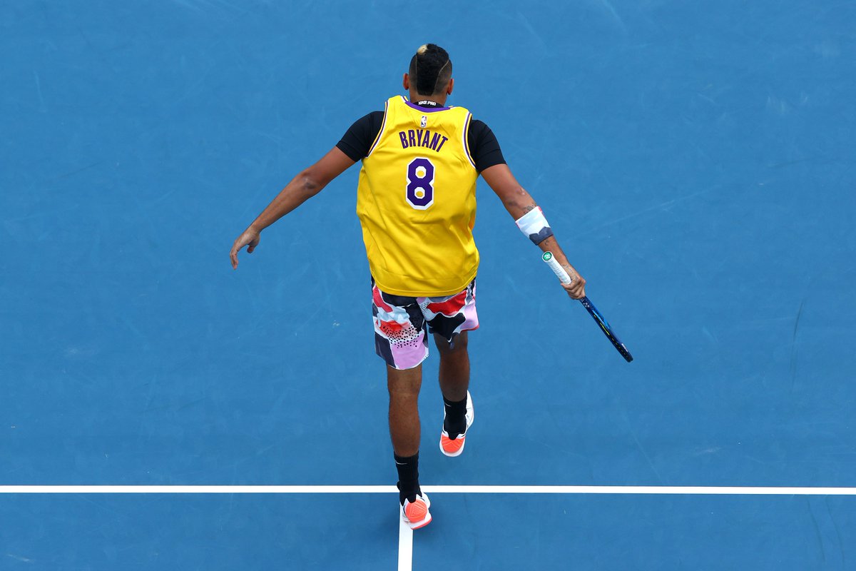 AustralianOpen's tweet photo. Missed the warm-up?

@NickKyrgios paid homage to the late Kobe Bryant 8⃣💔

#AO2020 | #AusOpen https://t.co/kTKniTJykw