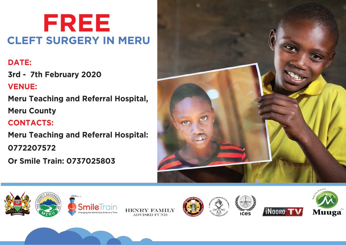 SmileTrainAfric's tweet photo. Exciting News! 🗣The Meru Teaching and Referral Hospital (Level V) in #Kenya is officially a cleft treatment Site! there will be free surgeries from 3rd-7th February 2020! RT to transform a life with a smile! 😃
#ICreateSmiles #LeaveNooneBehind https://t.co/dDu1hWk1pF