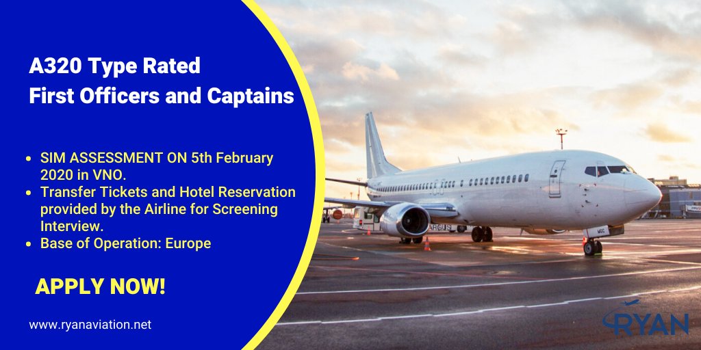 ryanaviation2's tweet photo. #JoinUs

We are hiring for A320 First Officers and Captains for the rapidly expanding ACMI charter airline within Europe. Apply on sree@ryanaviation.net OR  by clicking the link below:

https://t.co/mA4XpSoVra

SIM ASSESSMENT : 5th February 2020 in VNO. https://t.co/HJPSiY1z6i