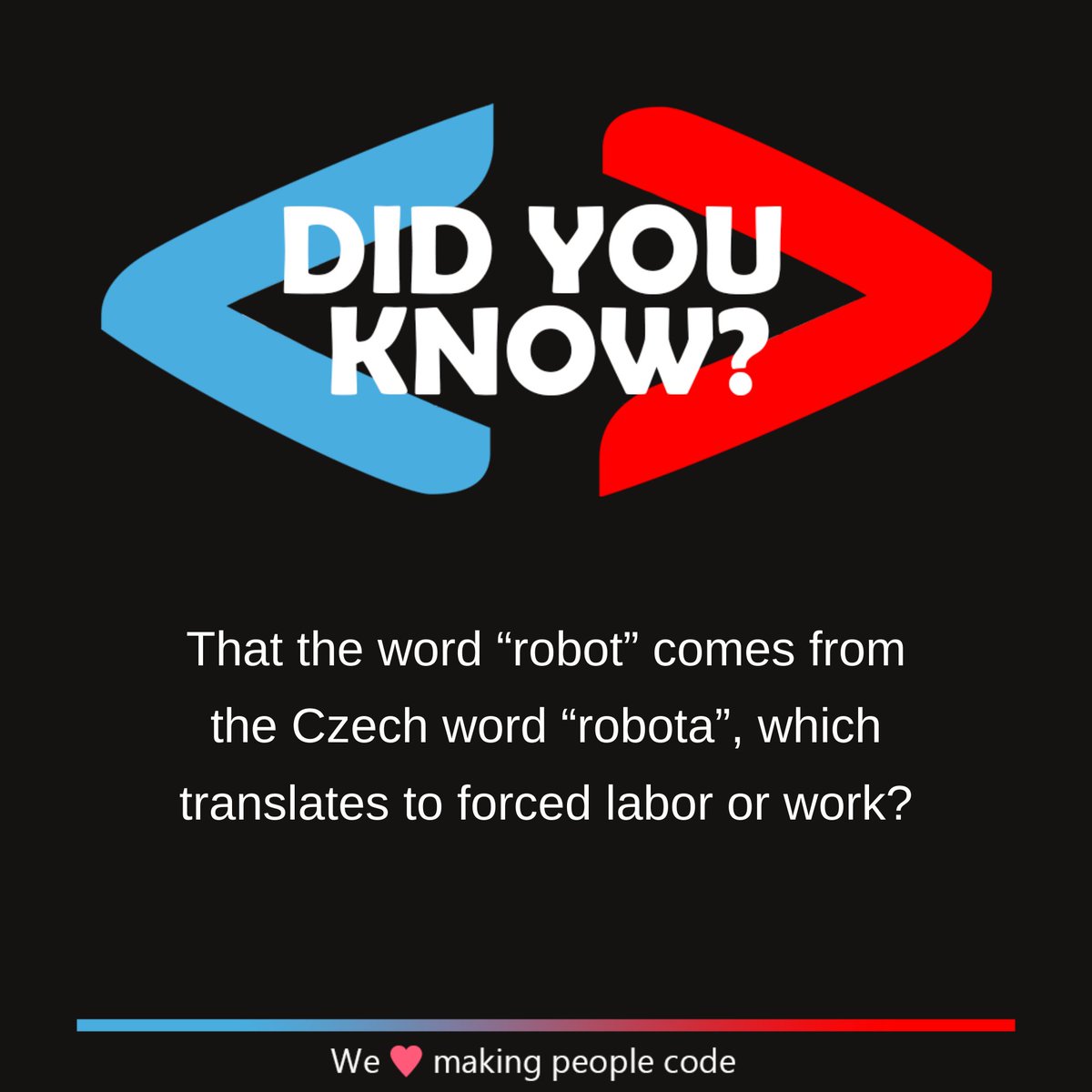 codeBoot's tweet photo. In 1920 Czech writer✏️ Karel Čapek wrote science fiction play R.U.R.  (Rossum's Universal Robots) and introduced the word "robot"🤖 to the English language and science fiction as a whole.

#codingbootcamppraha #data4you #didyouknow #robot #mondaymonring  #technology #tech https://t.co/Y2YMC71ZON
