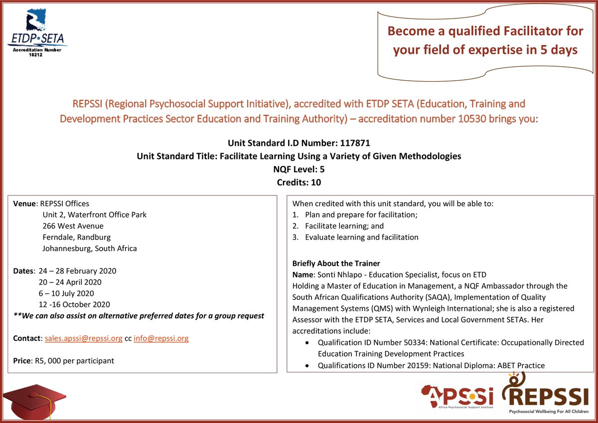 APSSInstitute's tweet photo. Greetings! In case you missed our 2019 trainings, find our 2020 flyer with dates. Don't hesitate to contact us with any comments or questions on sales.apssi@repssi.org cc info@repssi.org &amp; remember to capitalize on our group specials https://t.co/L7pRkiKfhD